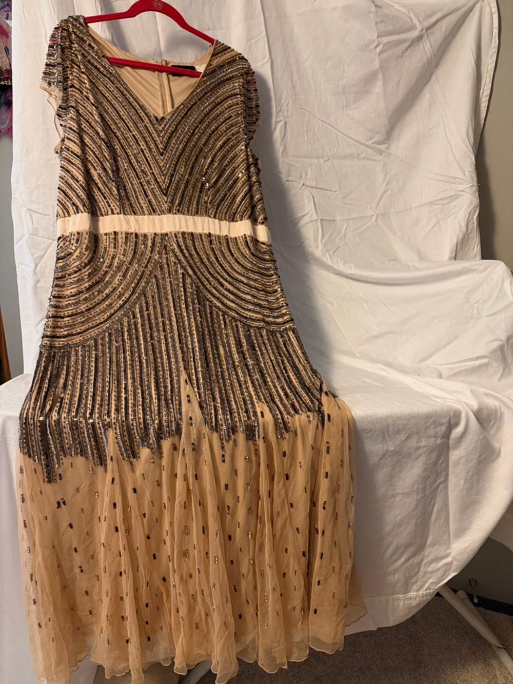 Ashro Champagne Maxi Dress with Black Beaded Accents